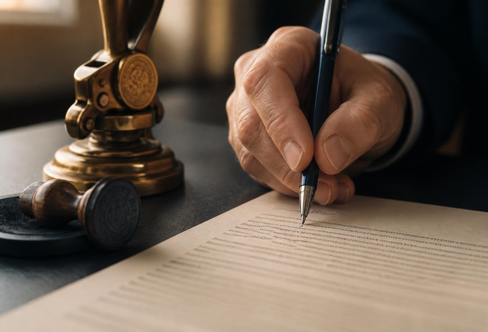 A hand signing an affidavit beside a brass notary embosser and ink stamp