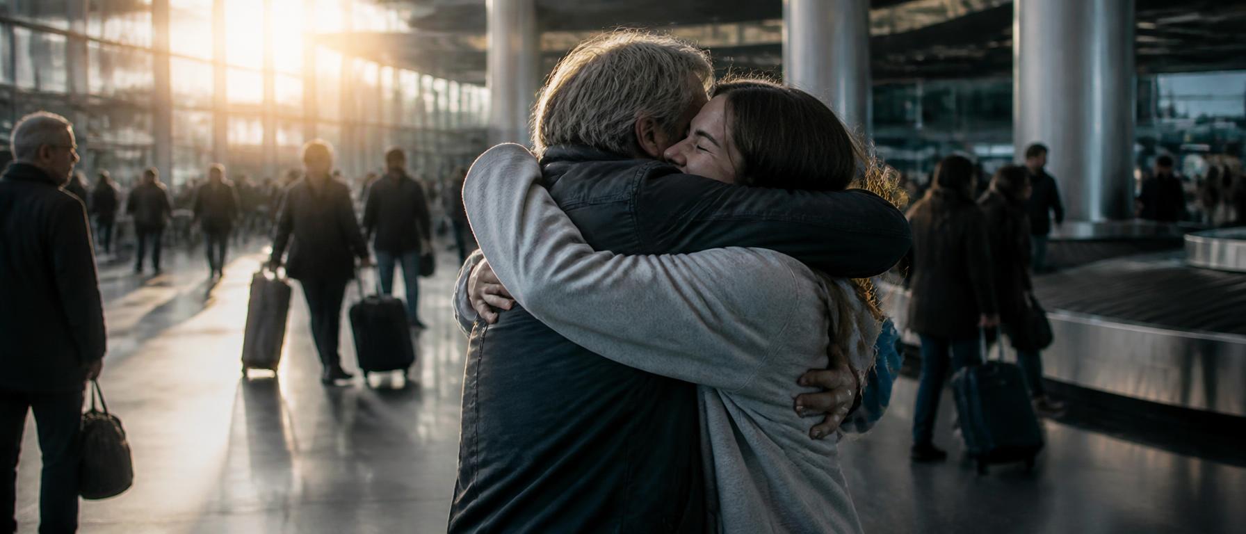 Two family members embracing in an airport arrivals hall at golden hour