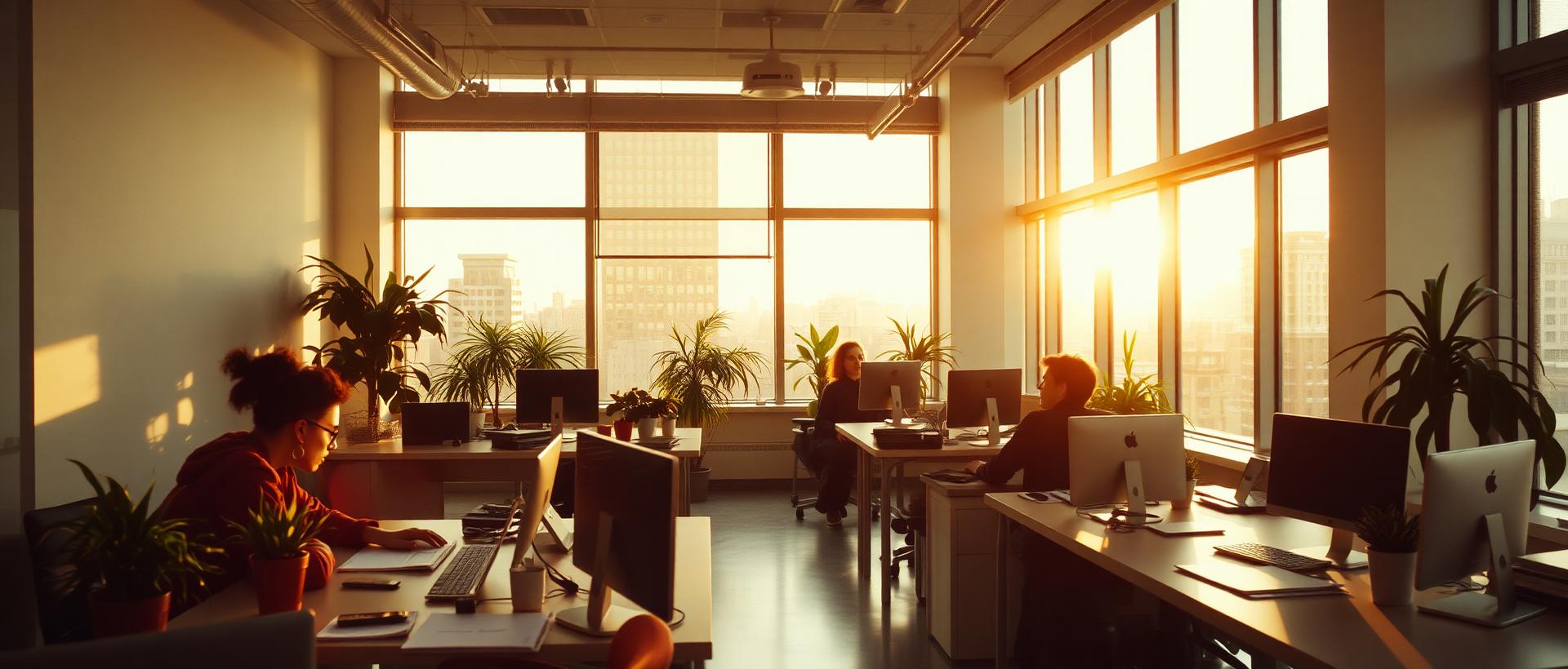 A small team working in a bright studio office at golden hour