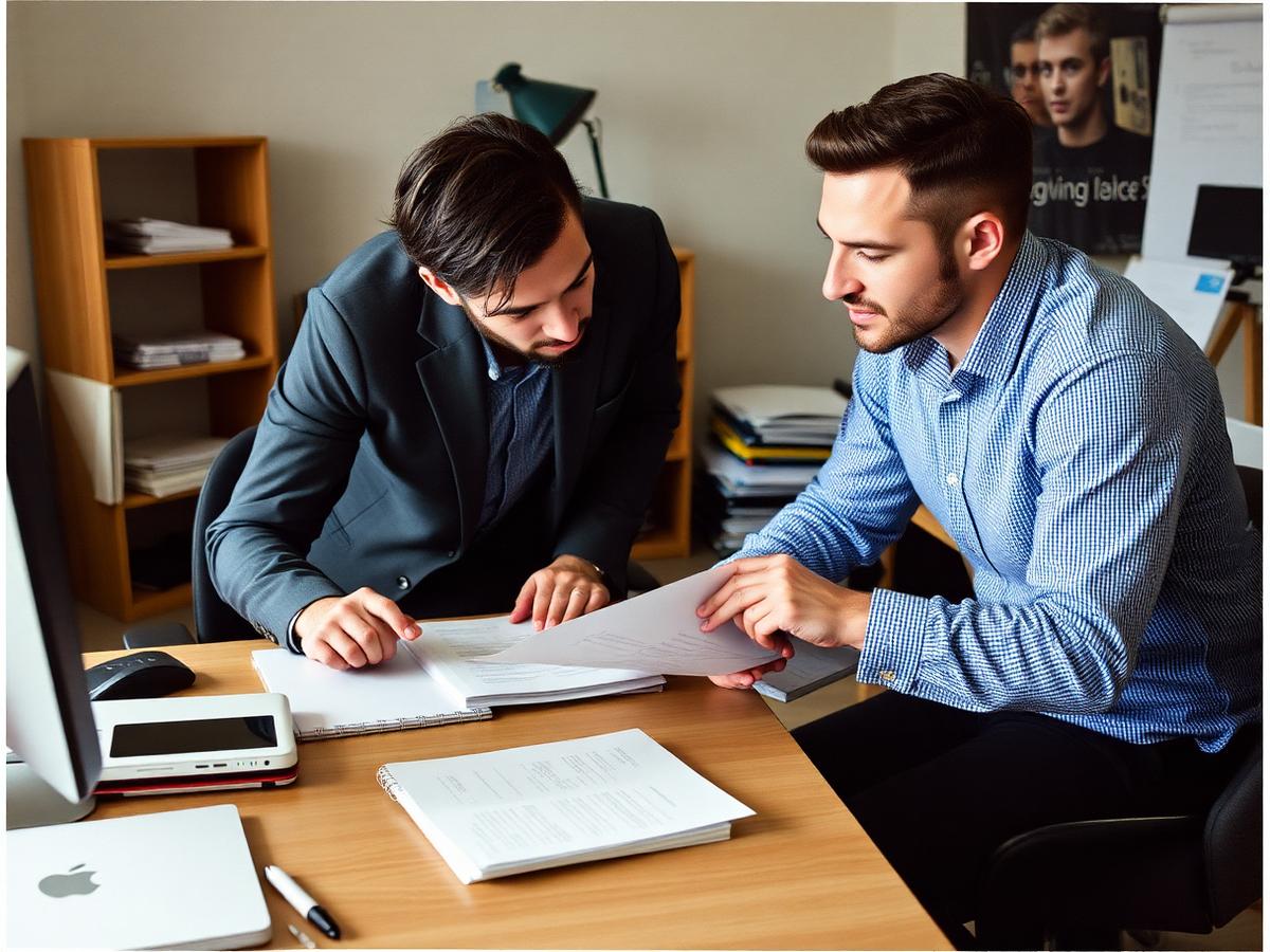 Two co-founders reviewing printed documents in a small office