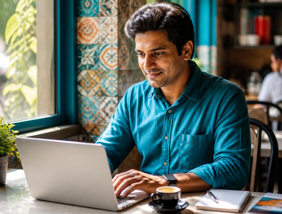 A founder working at a laptop in a vivid, art-filled office