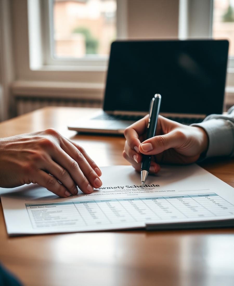 Hands completing an ownership schedule in a bound agreement