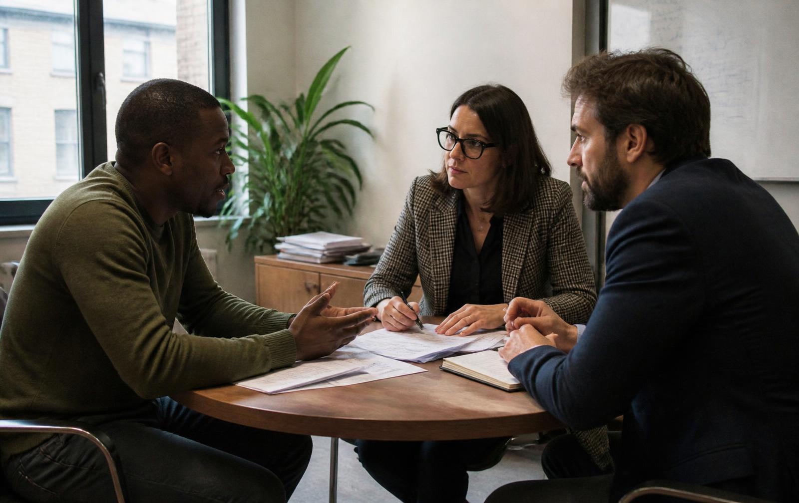 Two business partners working through documents together