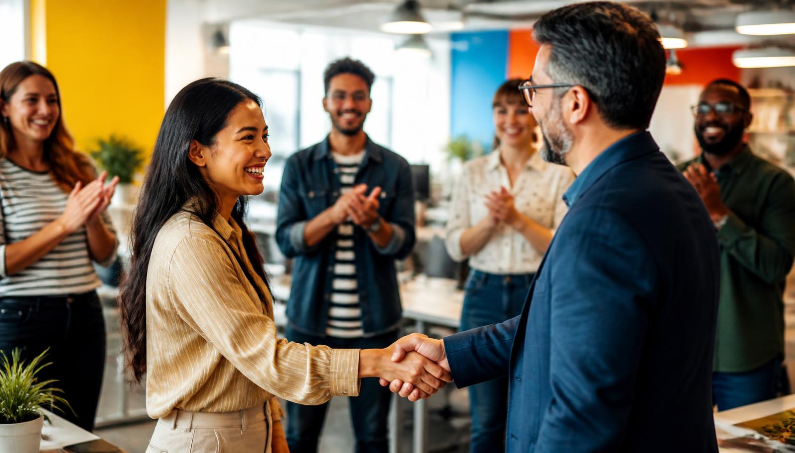 A smiling new hire being welcomed in a bright modern office