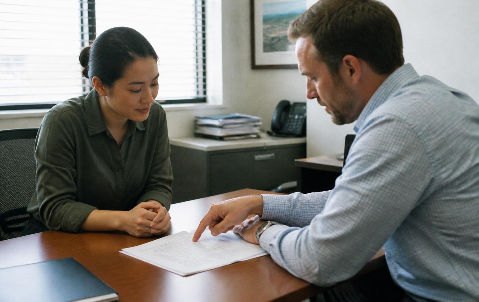 A manager and a new hire going through paperwork in an office