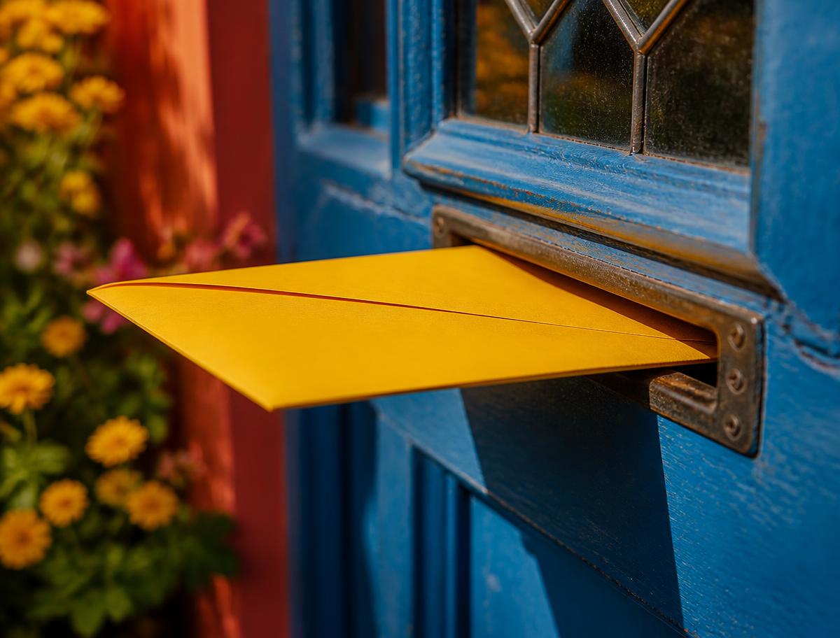 Close-up of a hand posting an envelope into a letterbox