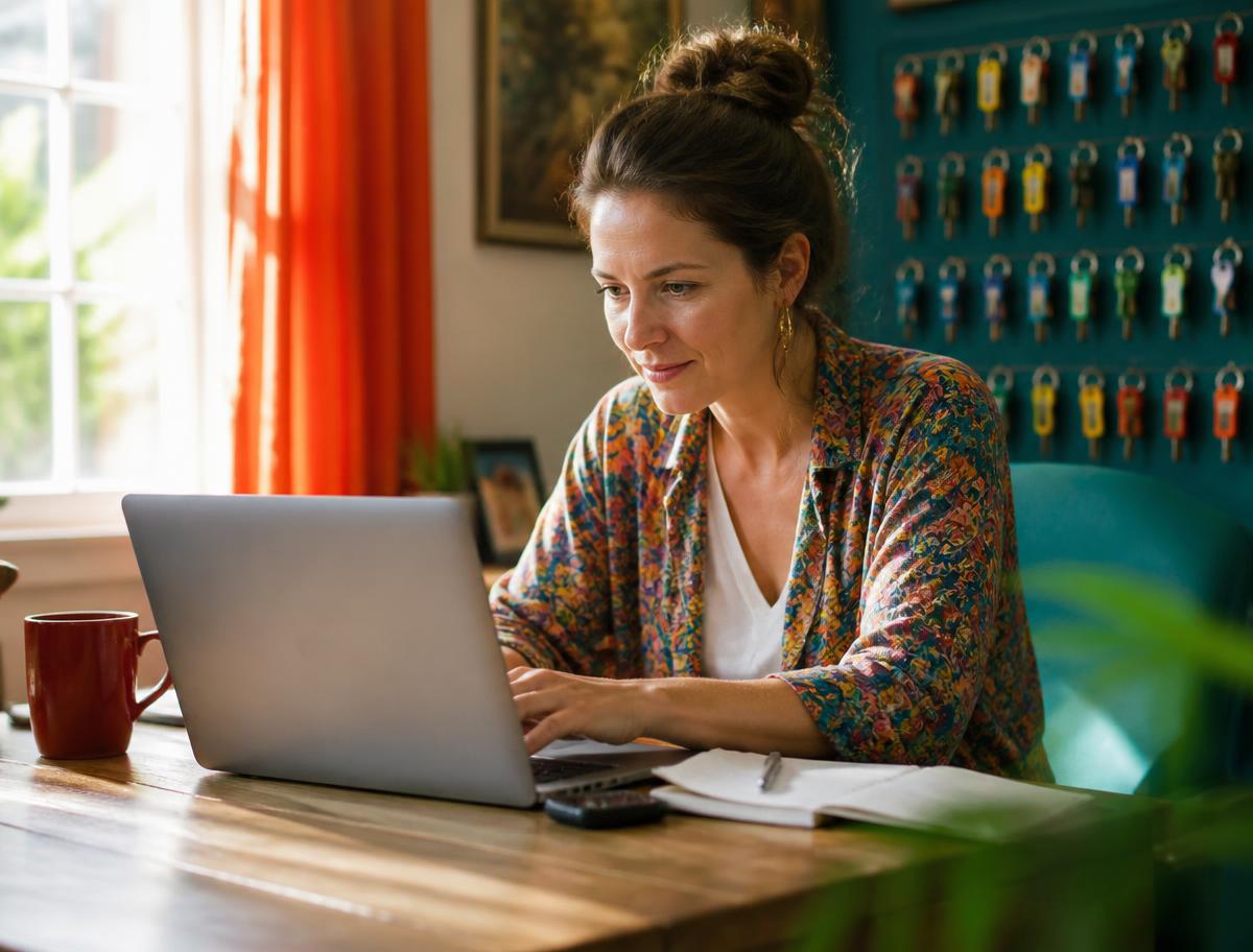 A property manager working at a bright desk with a laptop
