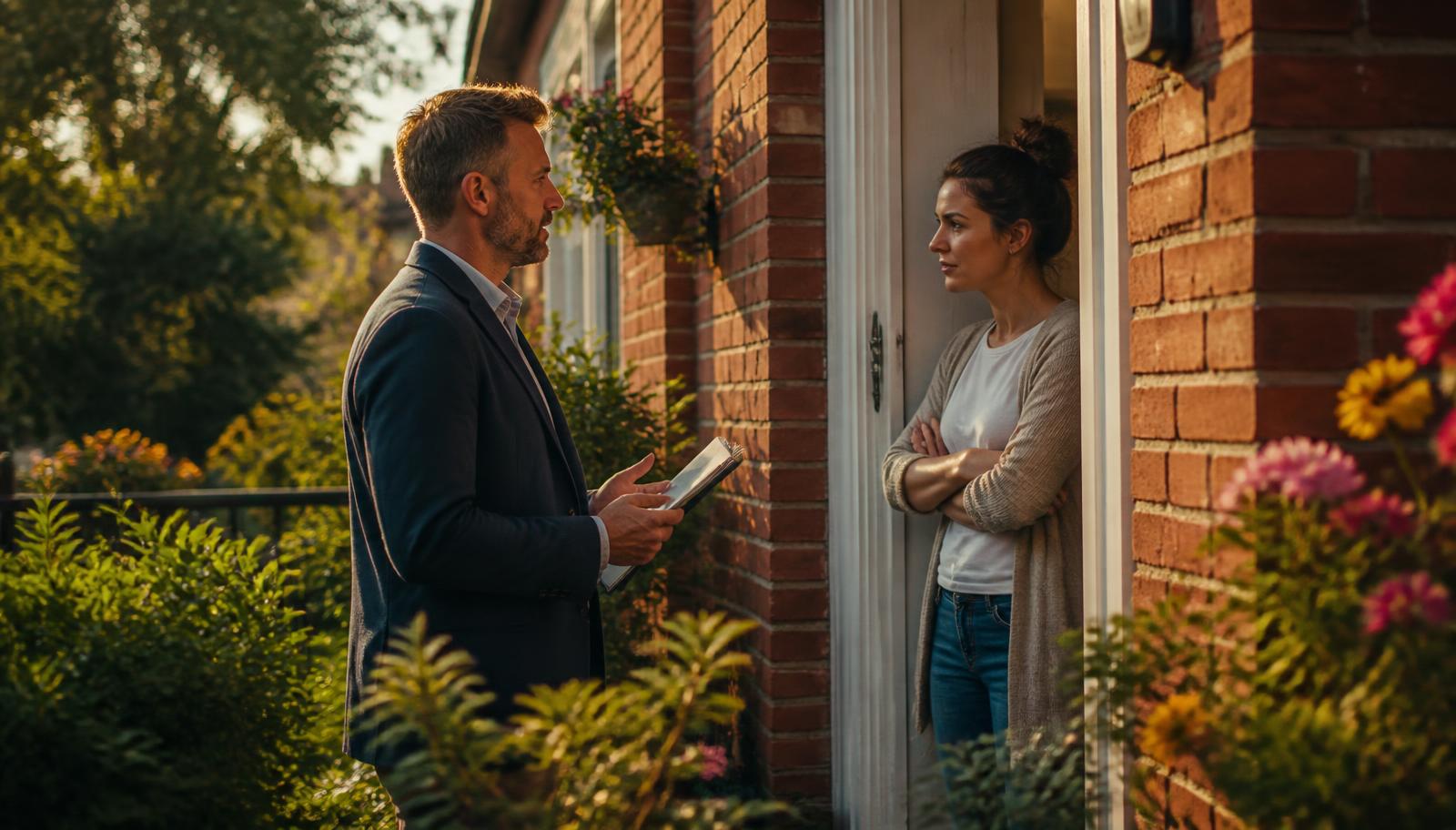 A property manager at the door of a sunlit rental building