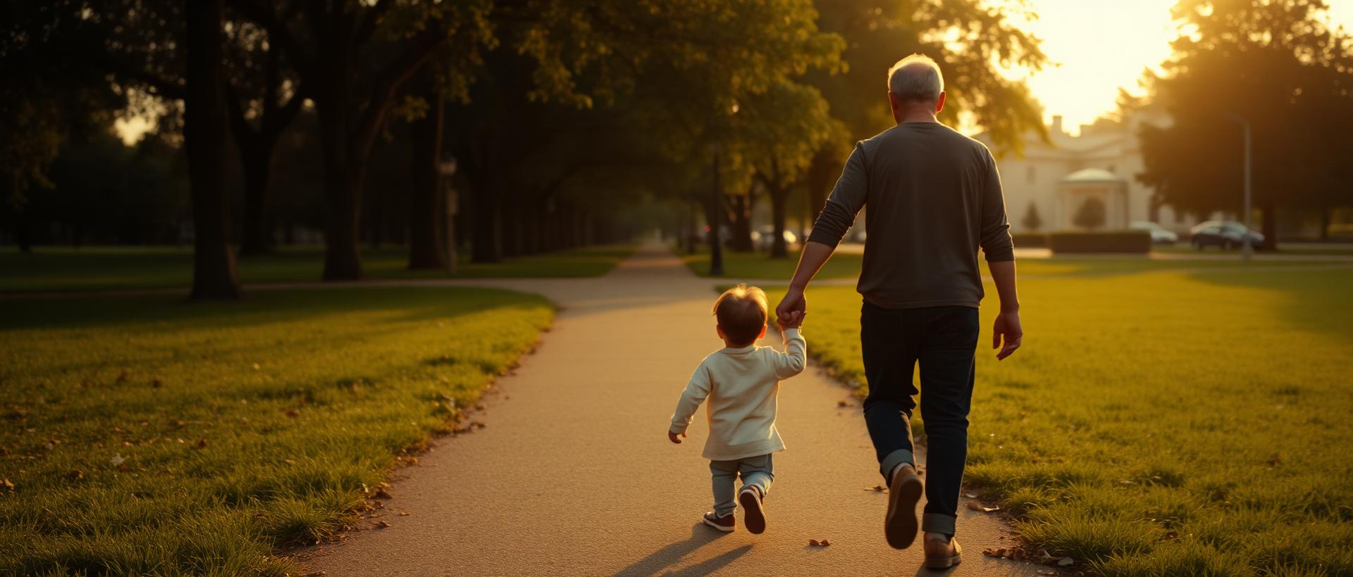 A parent and child walking hand in hand through a park at sunset