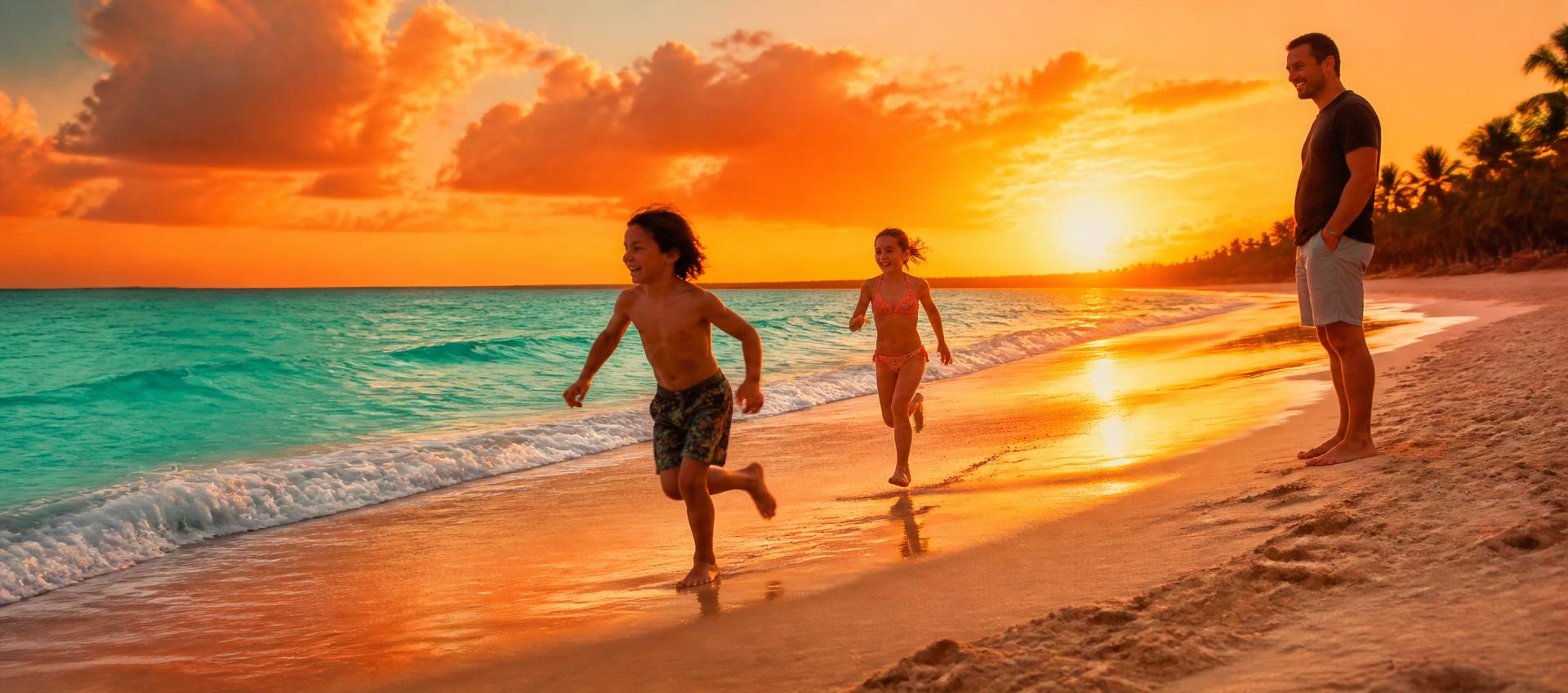 Children running along a beach at sunset while a parent watches