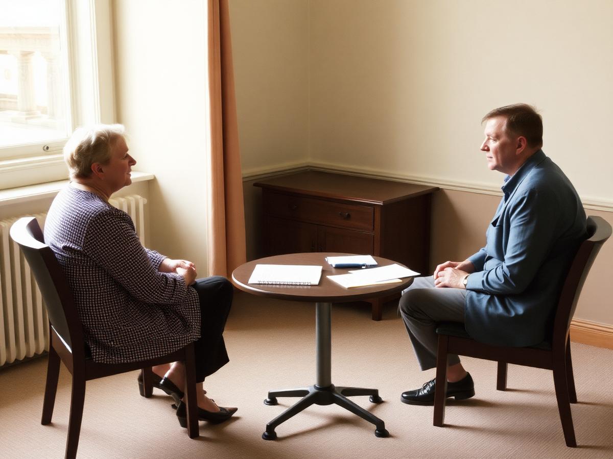 Two parents sitting across a mediator's table with papers between them