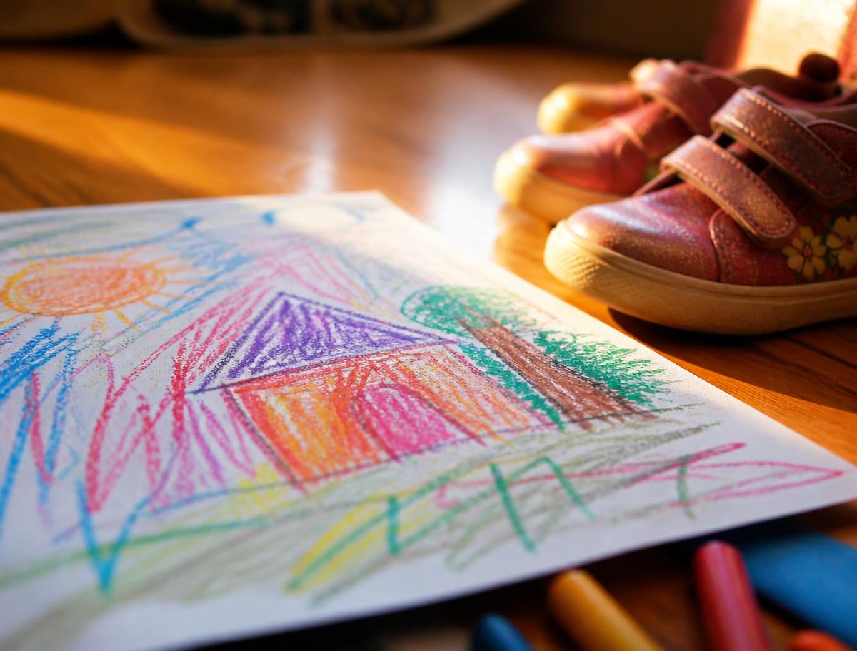 Close-up of a child's crayon drawing and small shoes on a sunlit floor