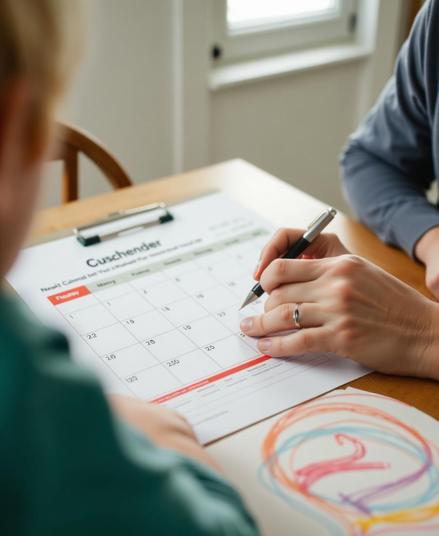 A parent writing on a printed weekly custody calendar