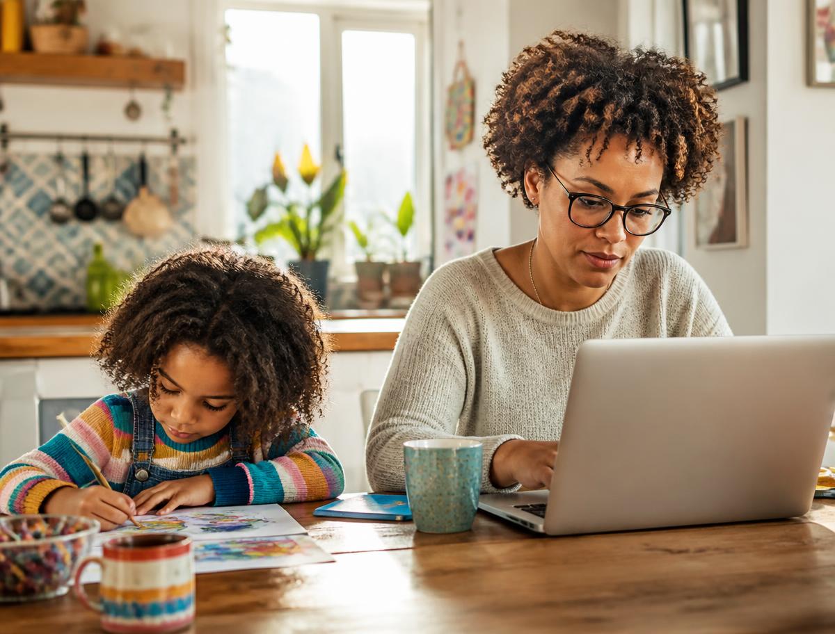 A parent working on a laptop while their child colours beside them