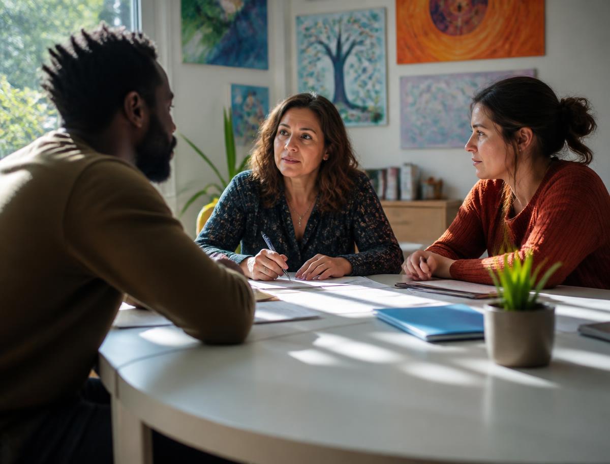 Two co-parents talking with a mediator in a bright, art-filled room