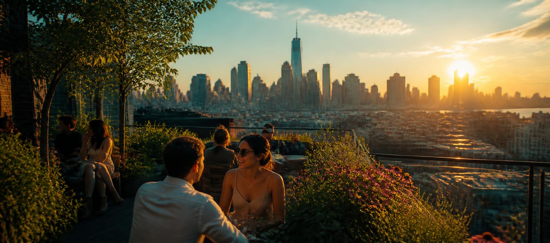 A city skyline at golden hour seen from a green rooftop terrace