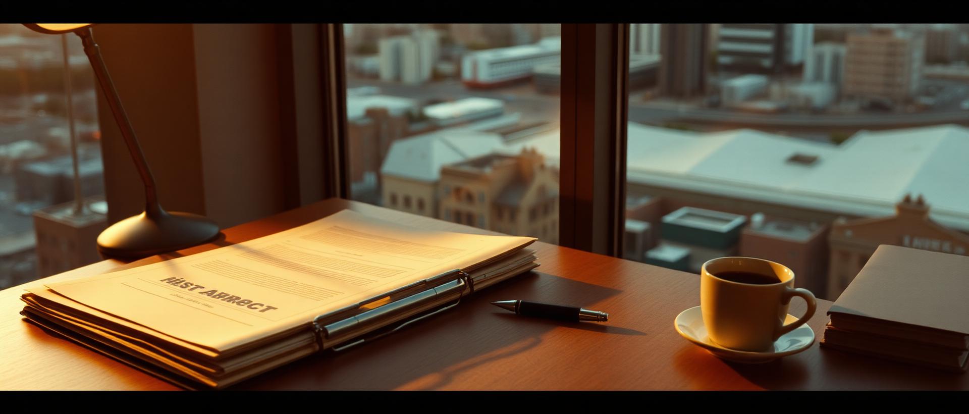 A completed document folder and pen on a desk by a city window