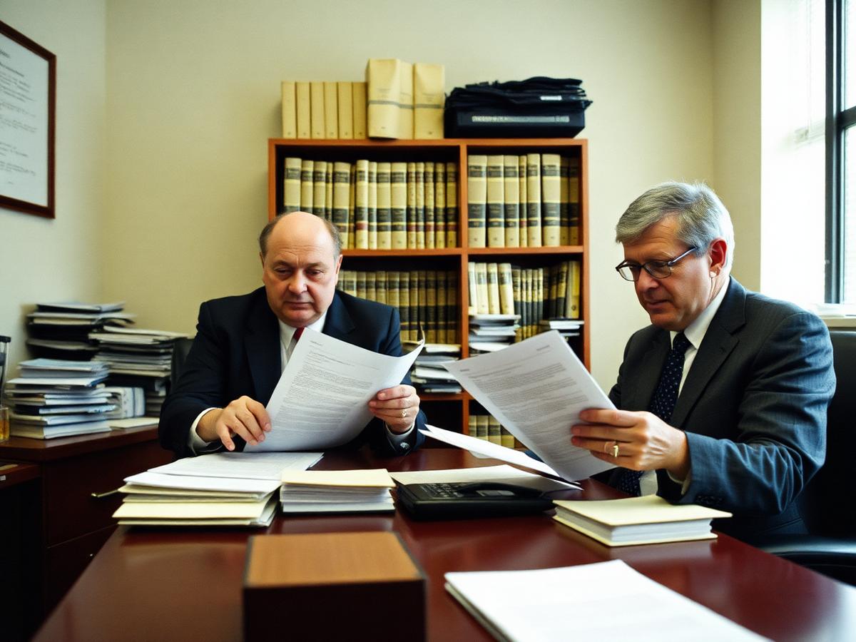 A client and adviser reviewing documents in a law office