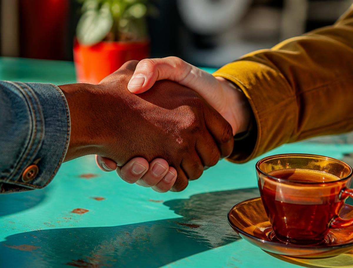 Close-up of a handshake over a bright teal table