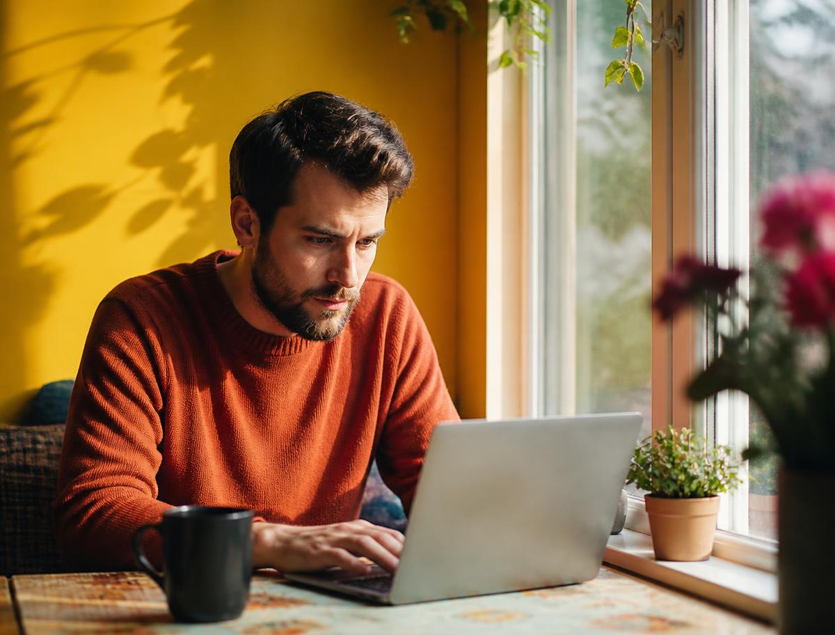 A man working on a laptop at a sunlit window seat