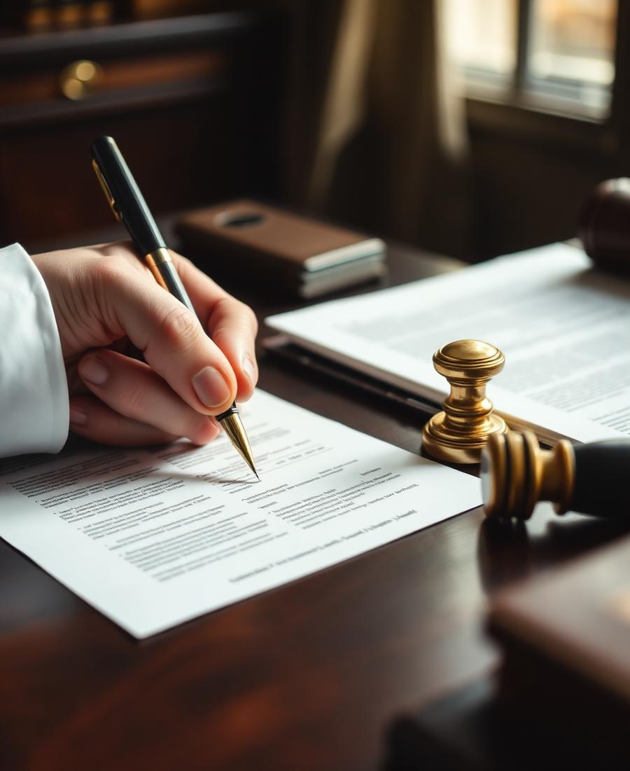 A hand completing a legal form with a fountain pen