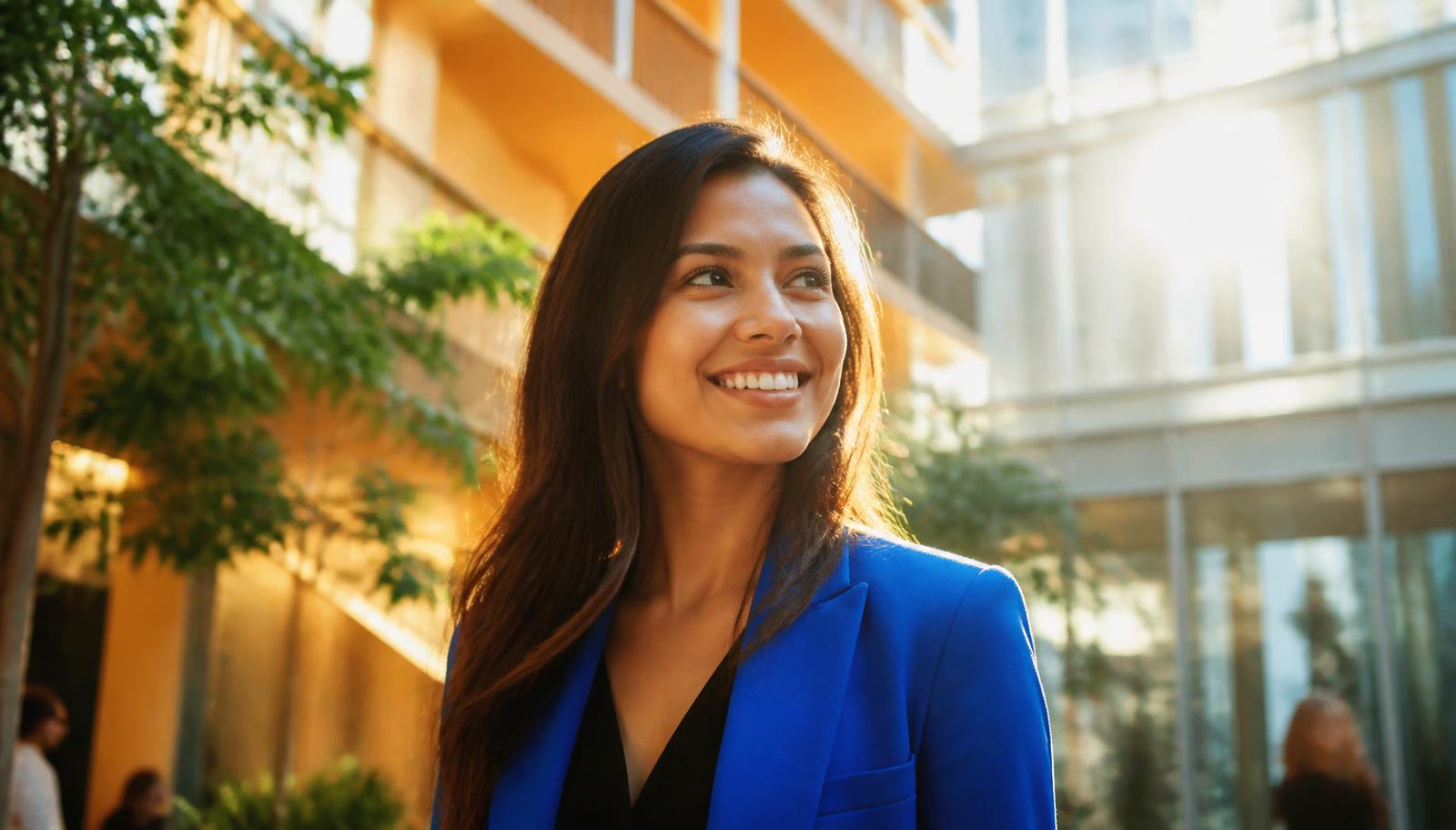A confident professional smiling in a sunlit modern atrium