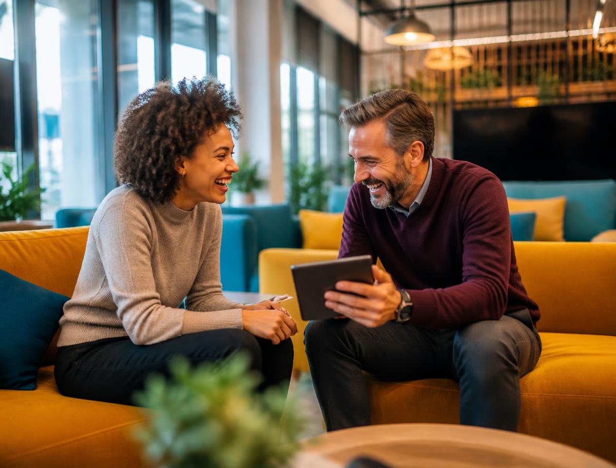 Two colleagues laughing over a tablet in a colourful co-working lounge