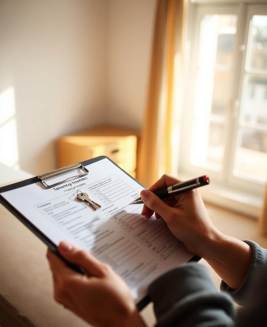 A move-in condition checklist on a clipboard in an empty room