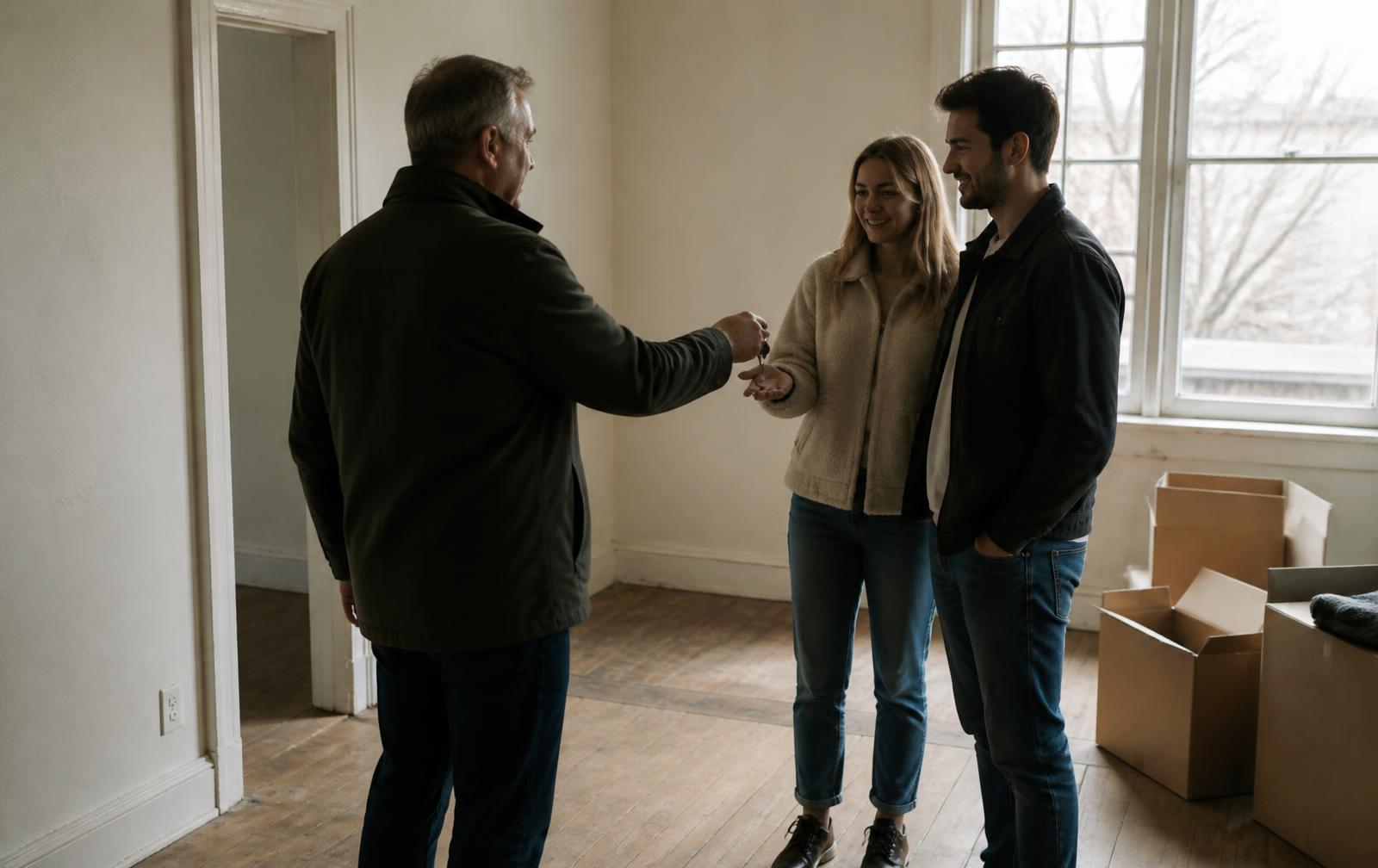 A landlord and tenant walking through a flat with paperwork