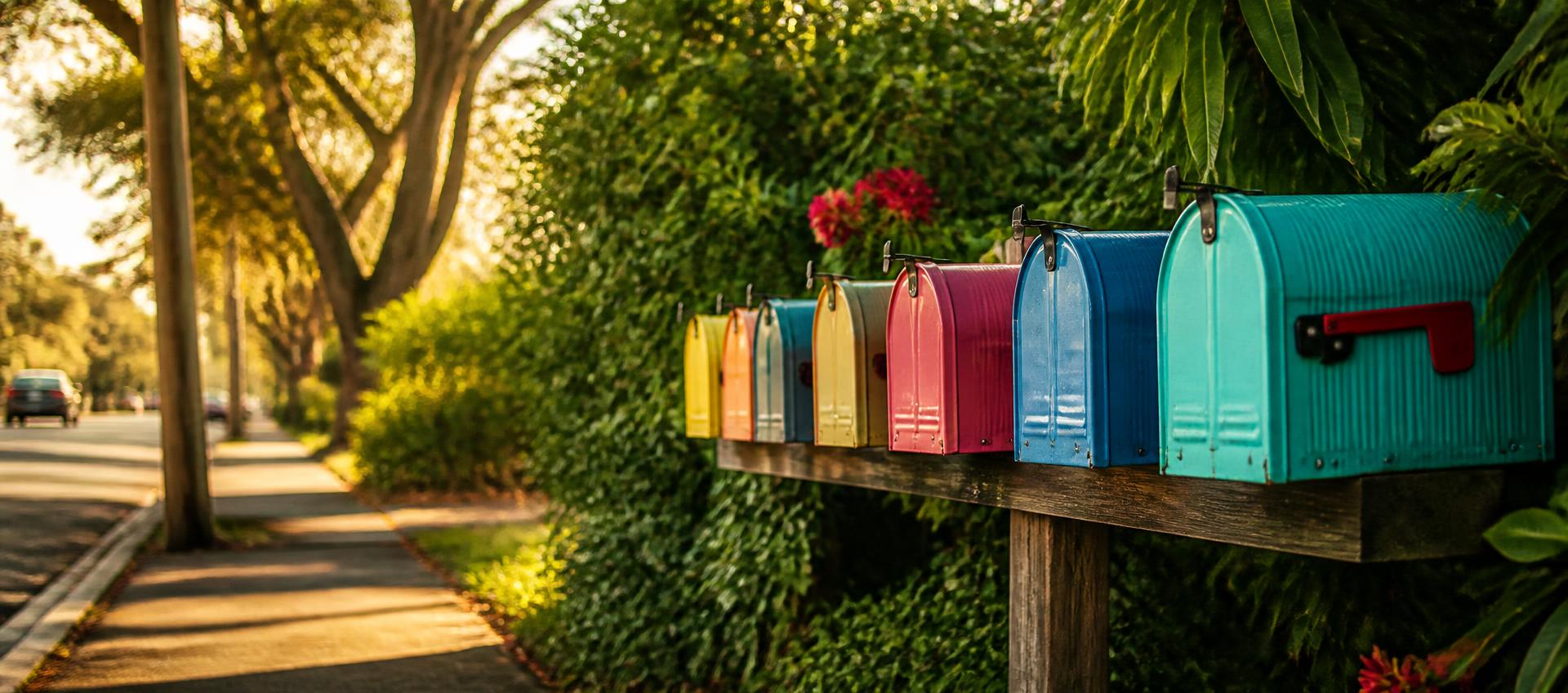 A row of colourful mailboxes on a sunny street at golden hour