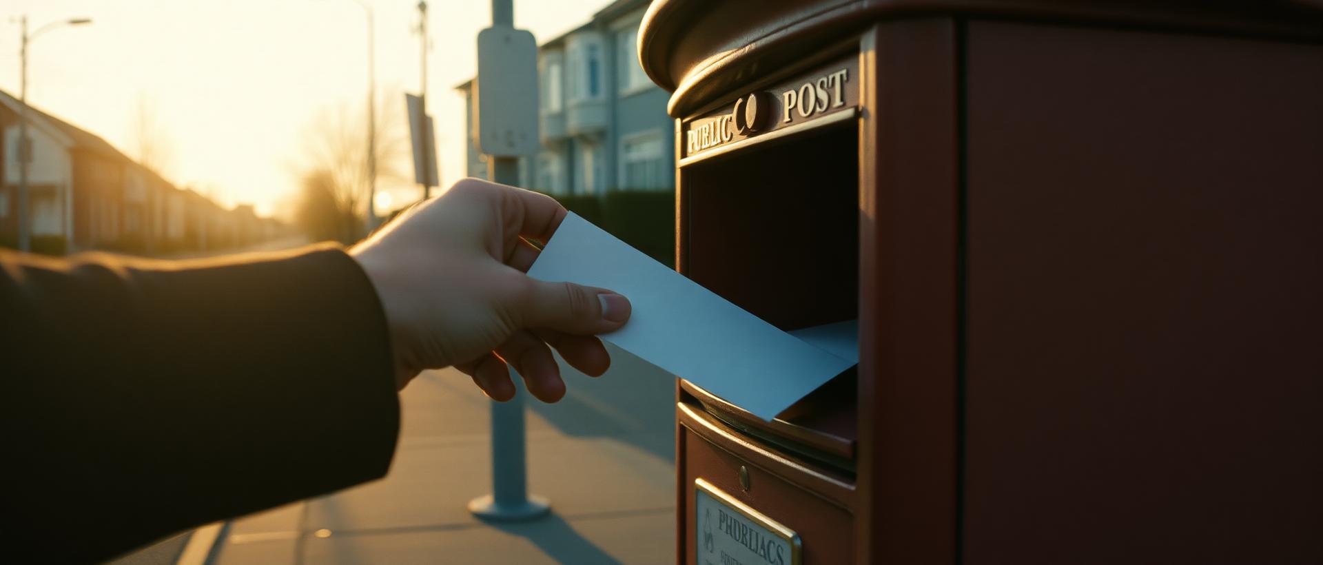 A hand dropping a letter into a public post box at golden hour
