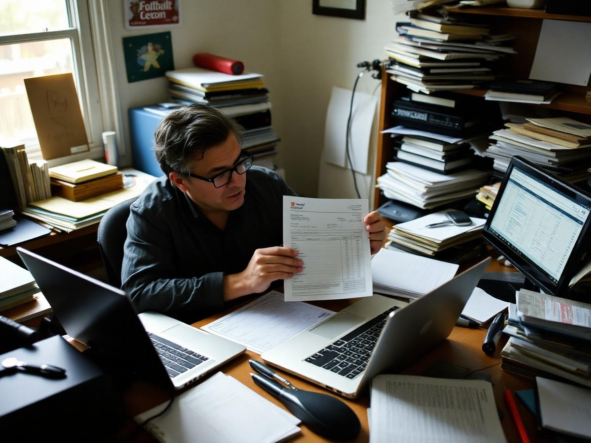 A small business owner comparing an invoice against records
