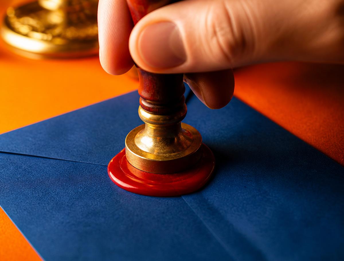 Close-up of a red wax seal being pressed onto a deep blue envelope