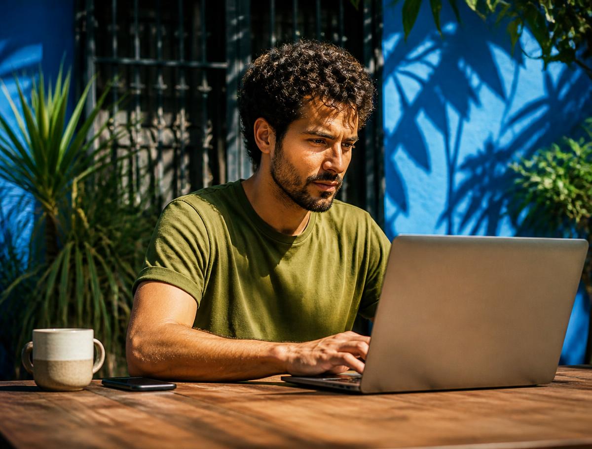 A freelancer typing decisively at a sunlit outdoor desk