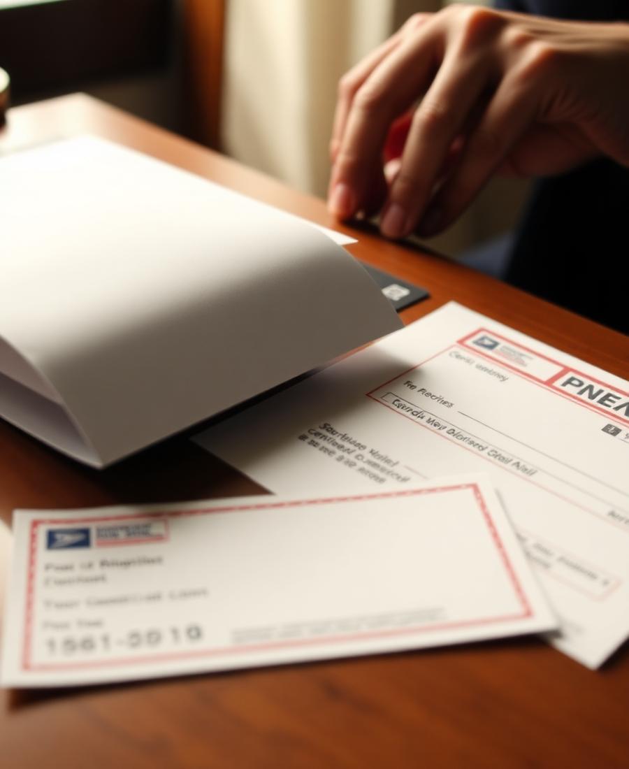 Hands sealing a letter into an envelope beside a mail receipt