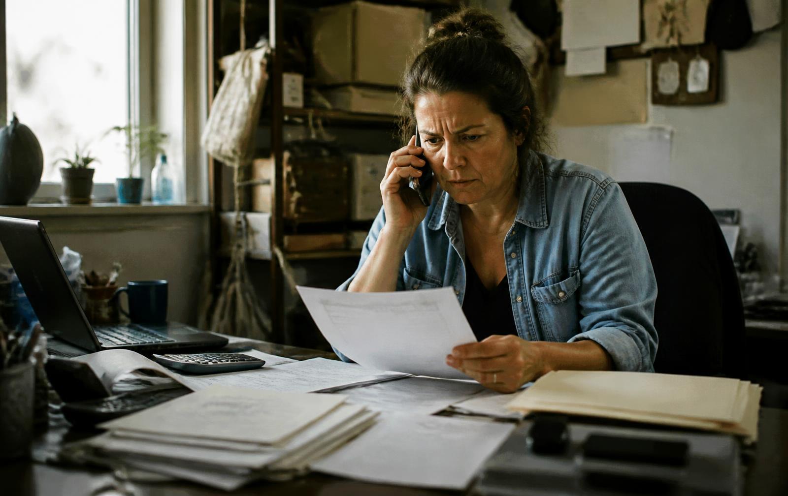 A business owner reviewing an unpaid invoice on the phone