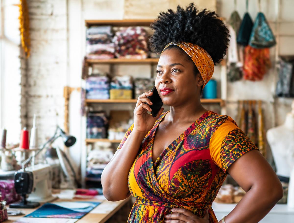 A small business owner standing confidently on the phone in her colourful workshop