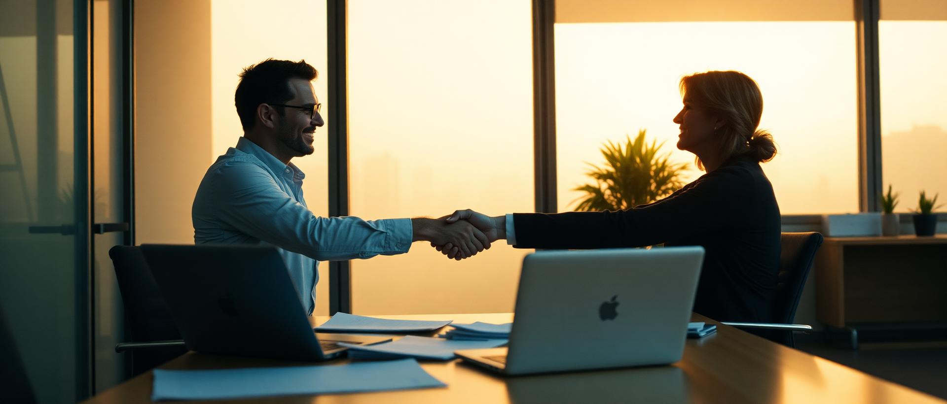 Two people shaking hands after signing an agreement