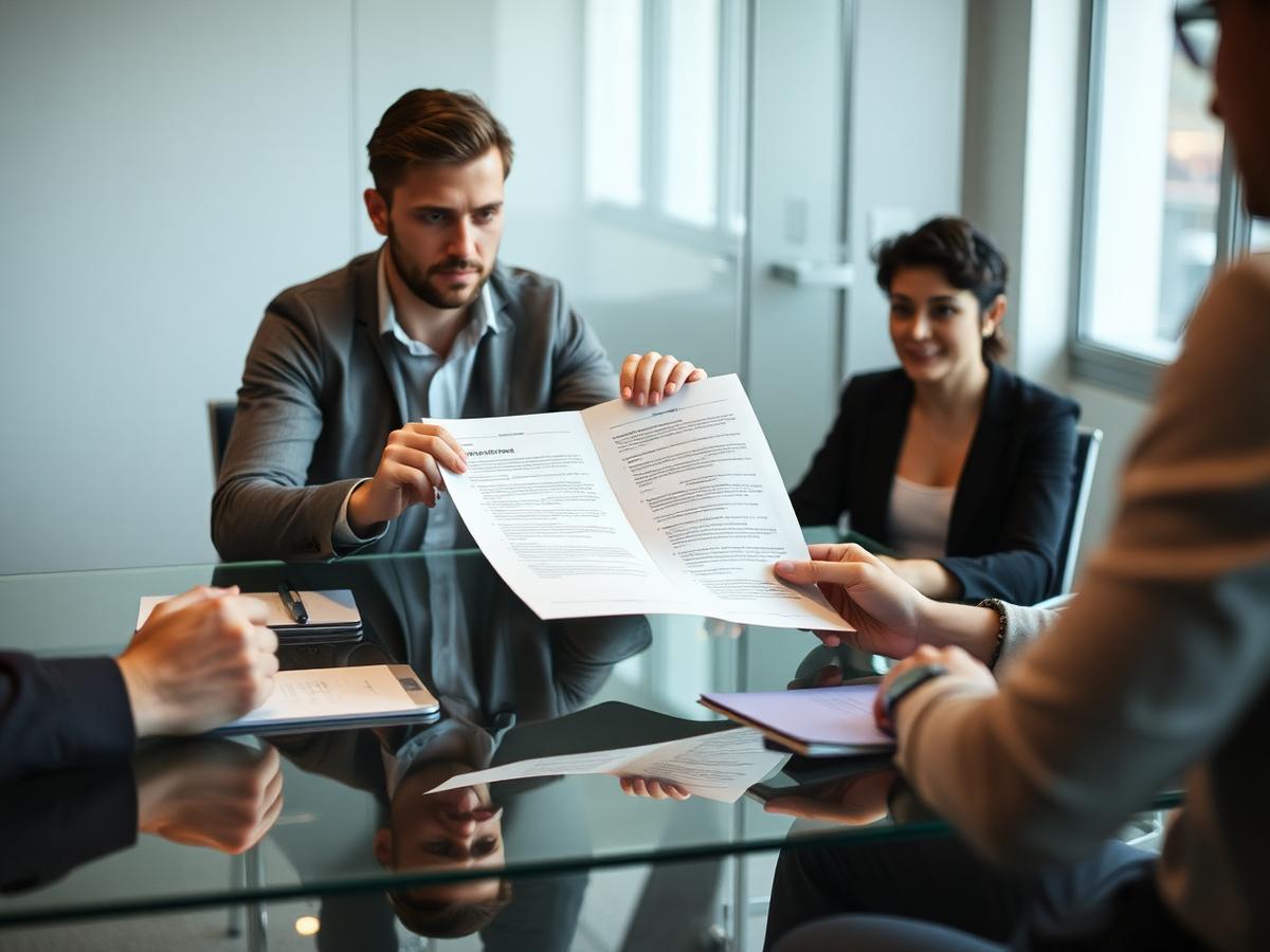 One person handing a short agreement across a desk to another