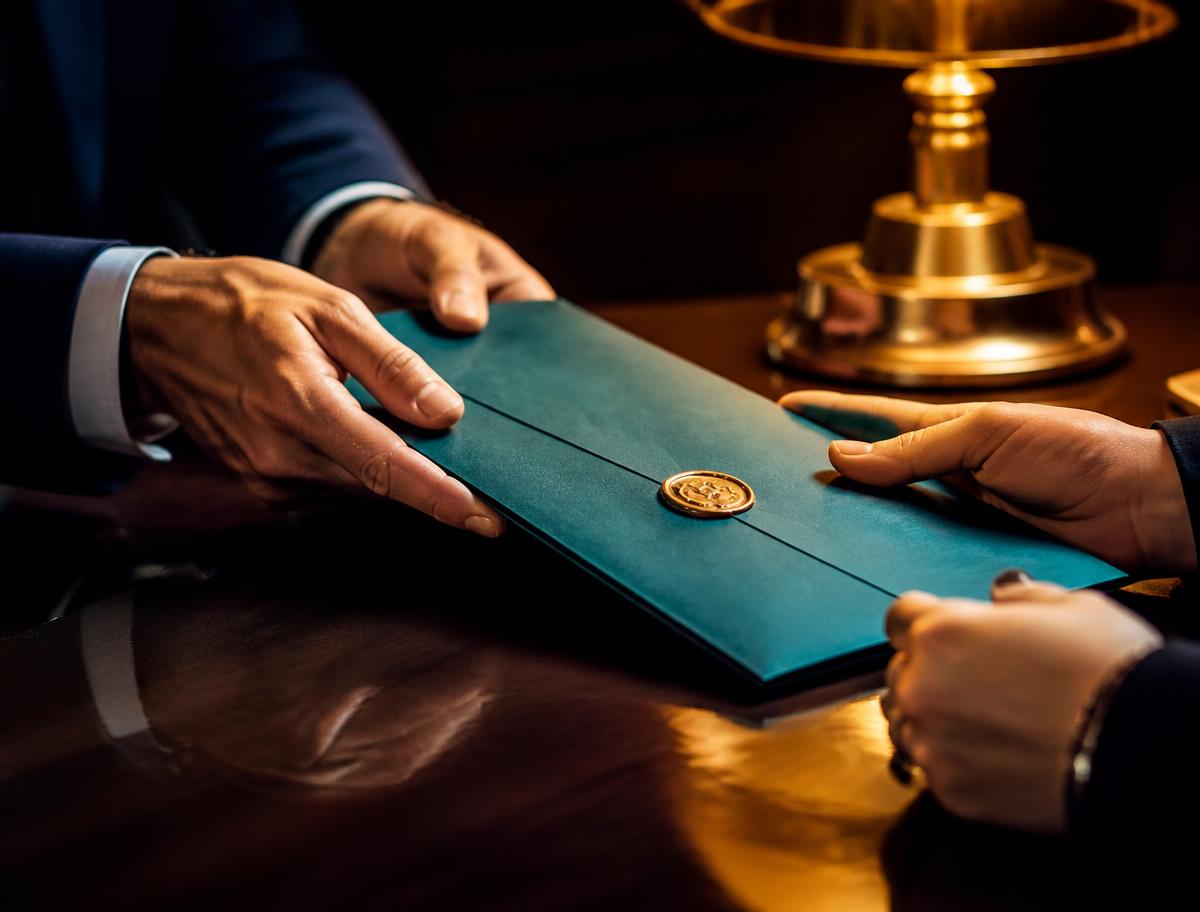 Close-up of two hands signing beside a bright amber desk lamp