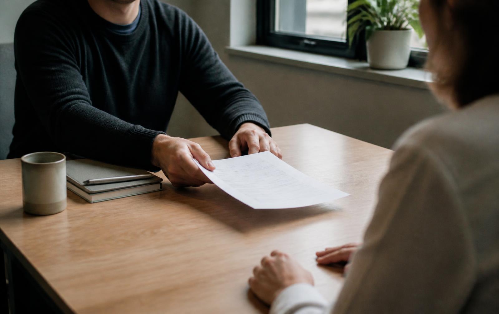 Two people reviewing a short agreement across a table