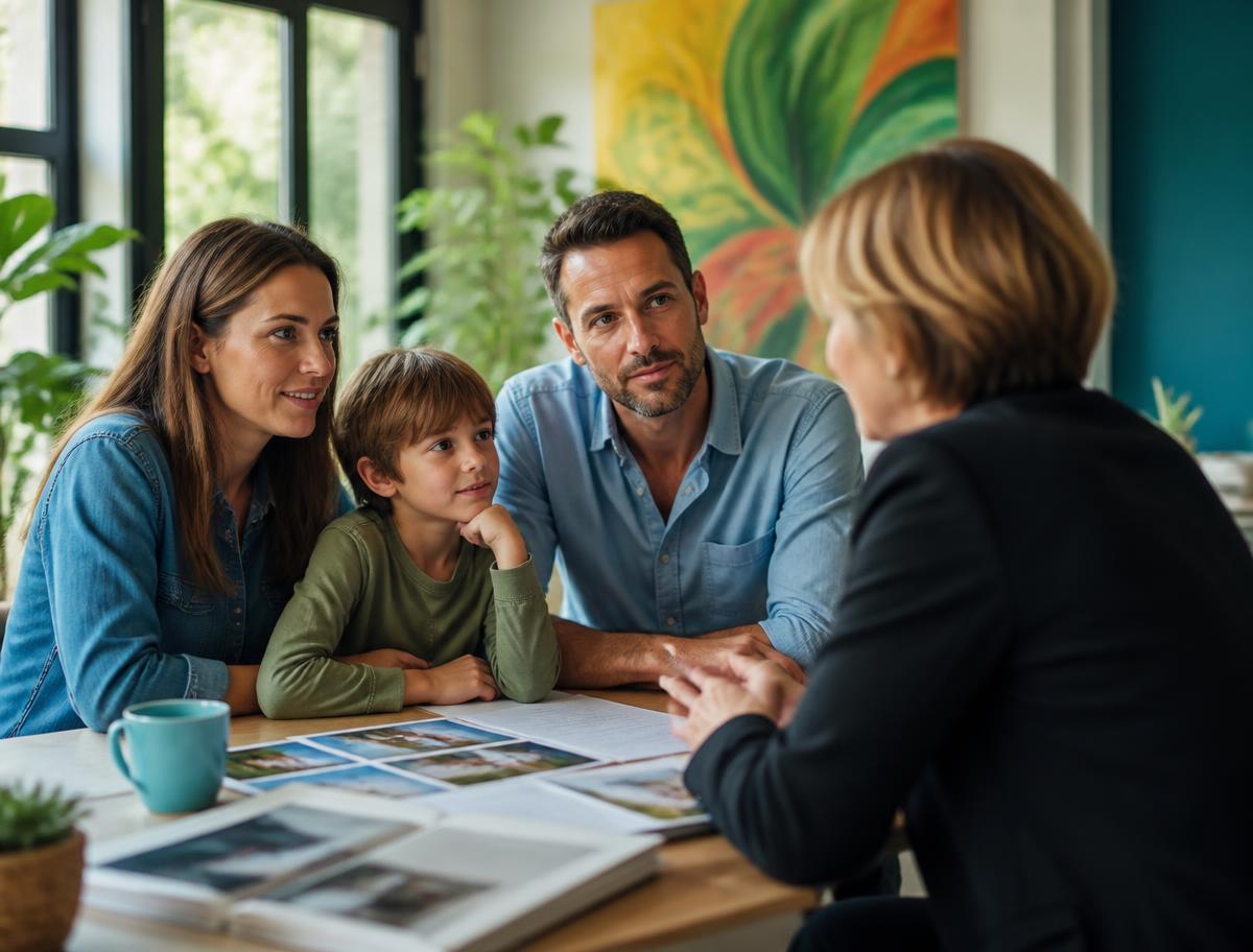 A family talking together in a bright, plant-filled room