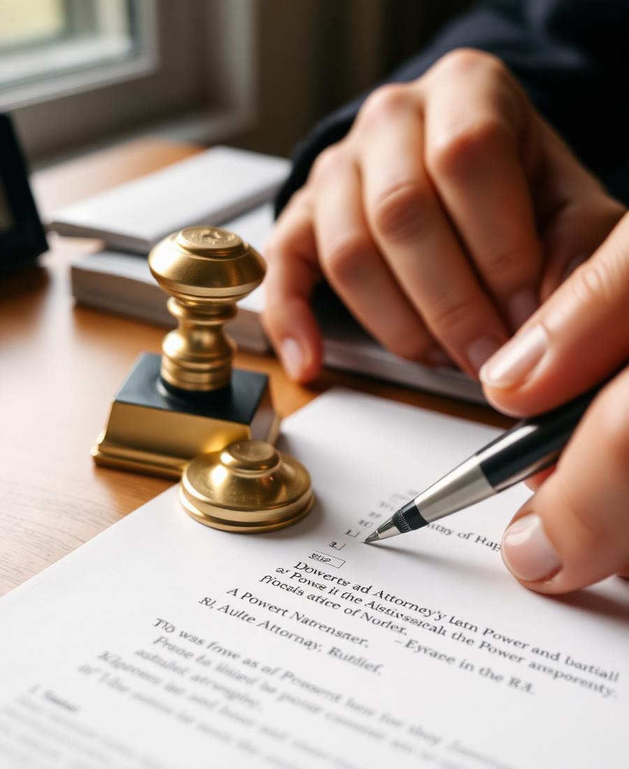 A notary pressing a stamp onto a completed authority form