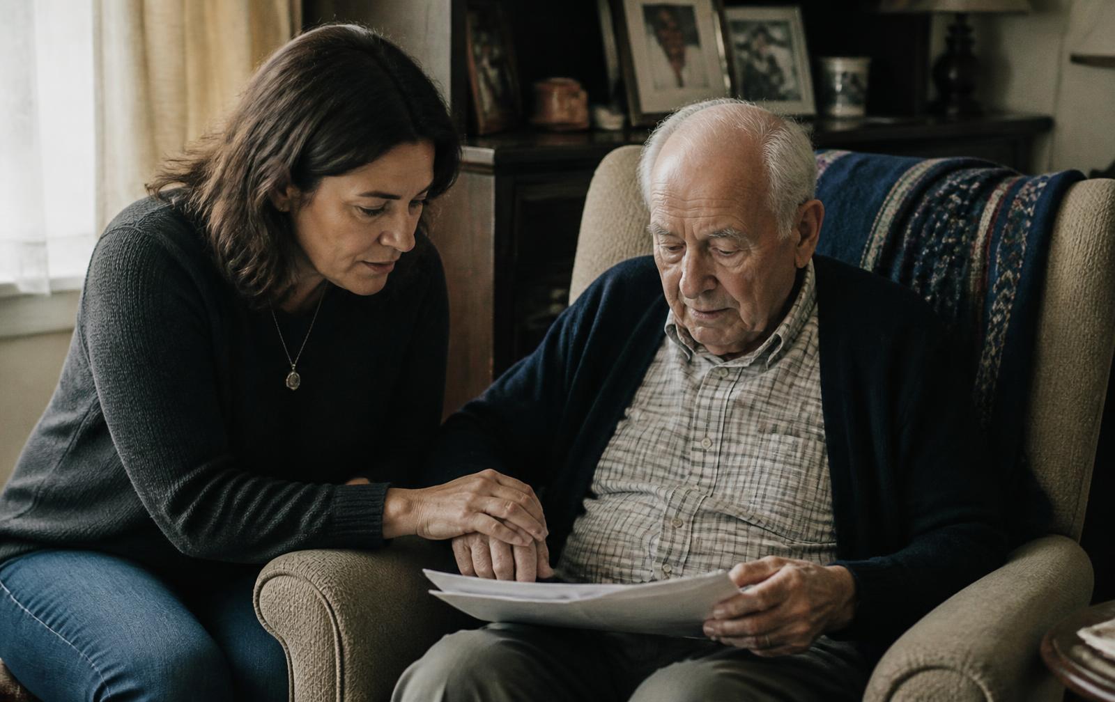 An adult child and parent going through documents together