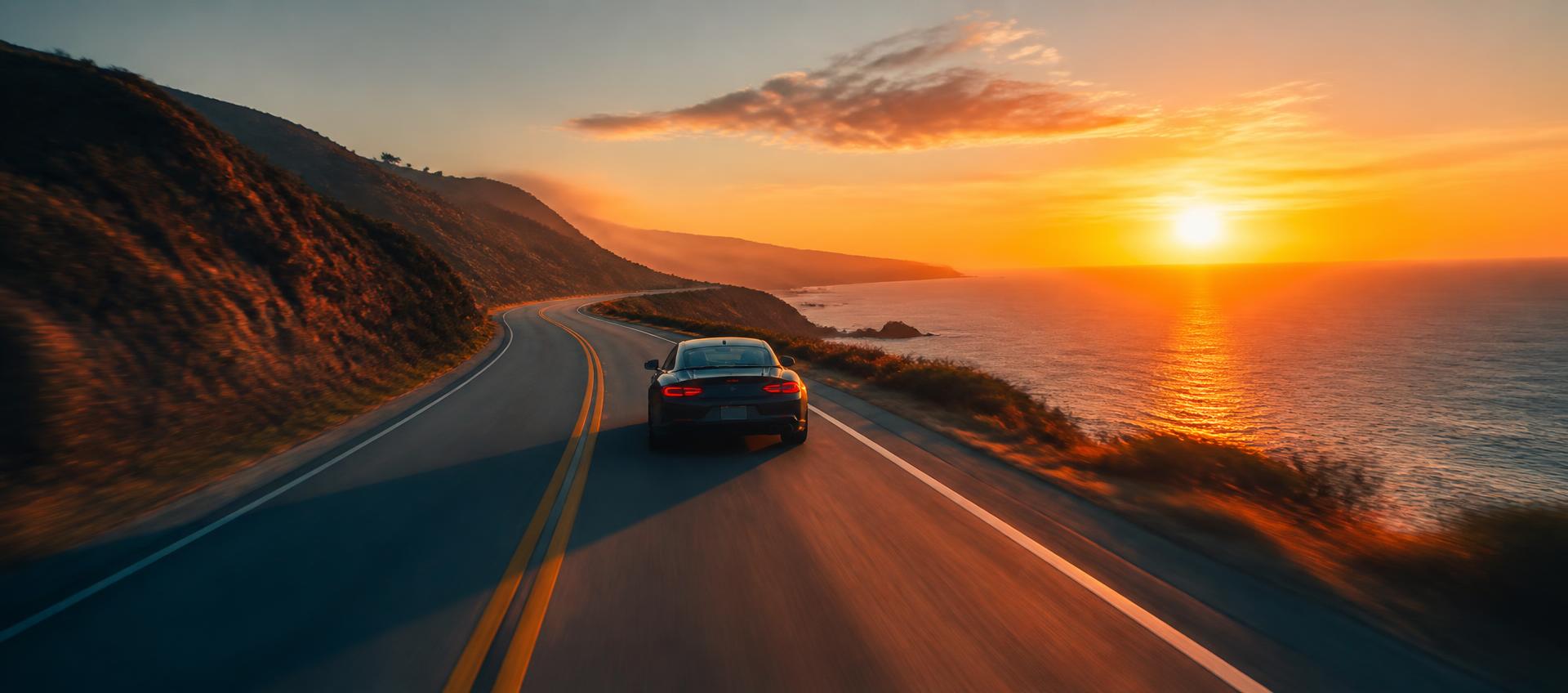 A car on a coastal road at sunset