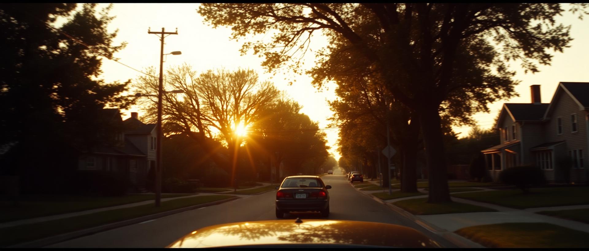 A car driving away down a suburban street at golden hour