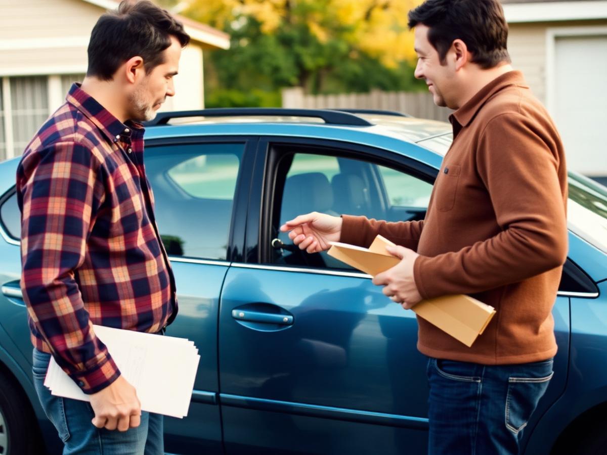 A seller handing car keys to a buyer beside a used car