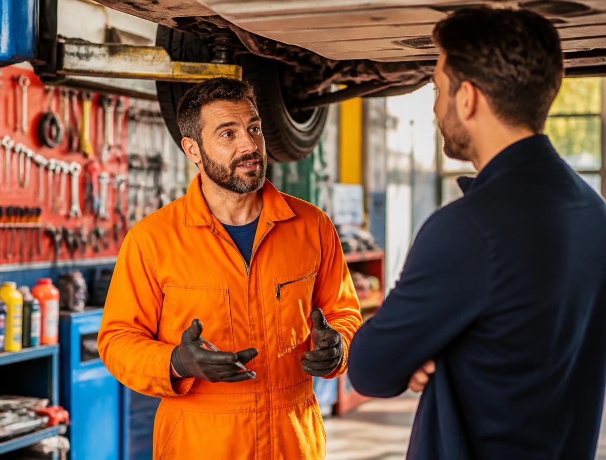 Two people chatting happily beside a freshly sold car
