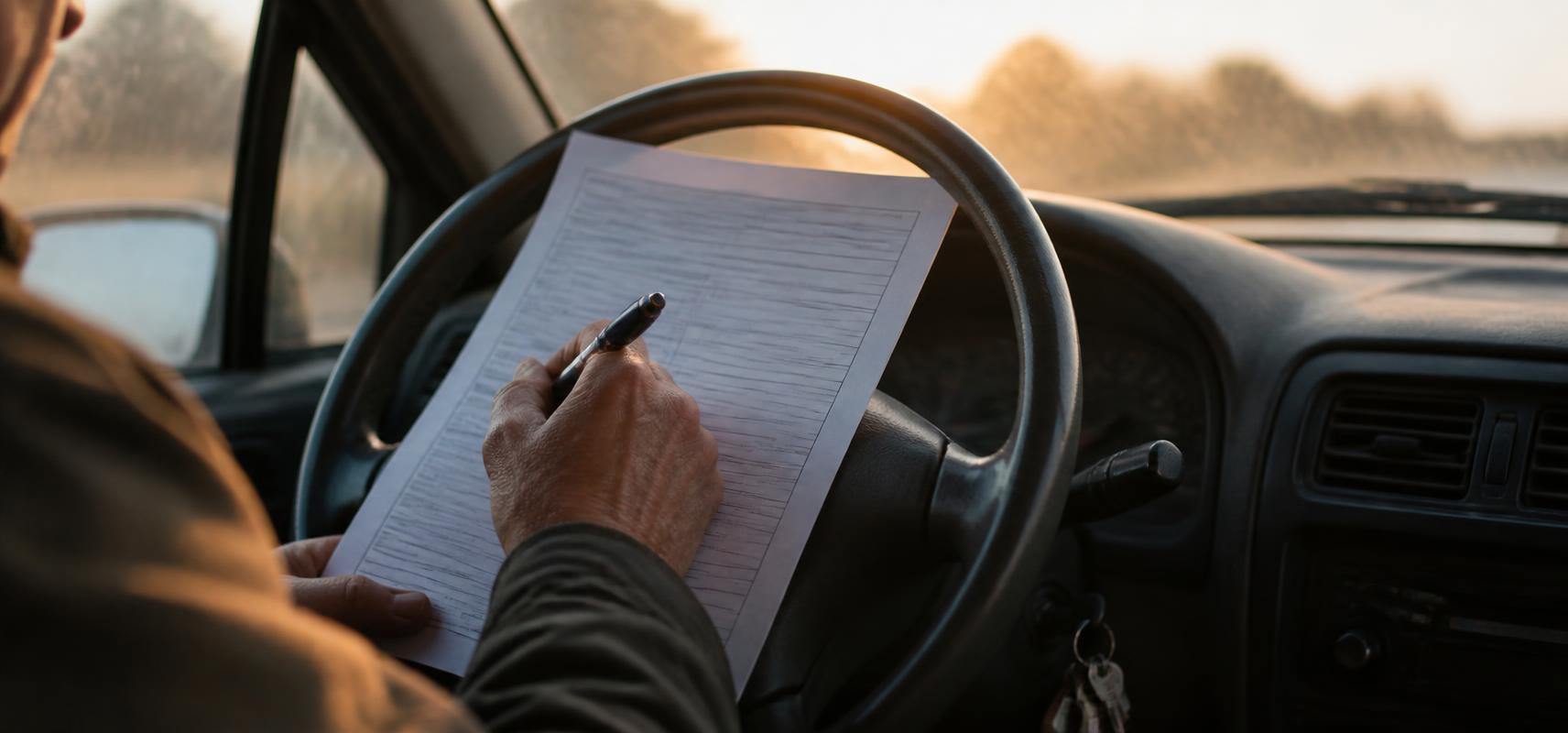 Close-up of an odometer reading being written onto a form