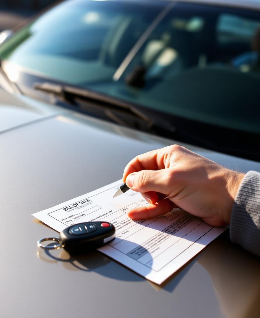 A hand filling in a bill of sale on the bonnet of a car